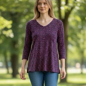 J. Jill M Navy Blue Pink Heart Print 3/4 Sleeve Blouse Romantic Feminine Artsy